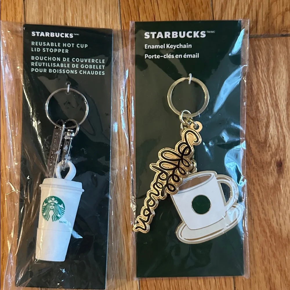 Starbucks White Cup and Coffee Mug Enamel Keychain Set with Gold Accents